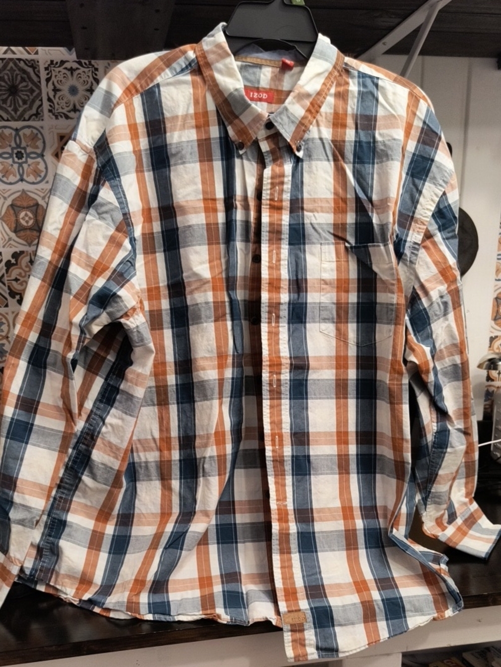 Izod Men’s Navy, Brown & White Plaid Button-Down Shirt